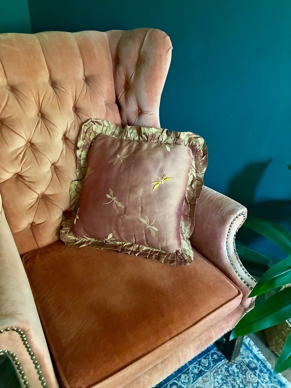 Vintage Embroidered Silk Dragonfly Decorative Pillow